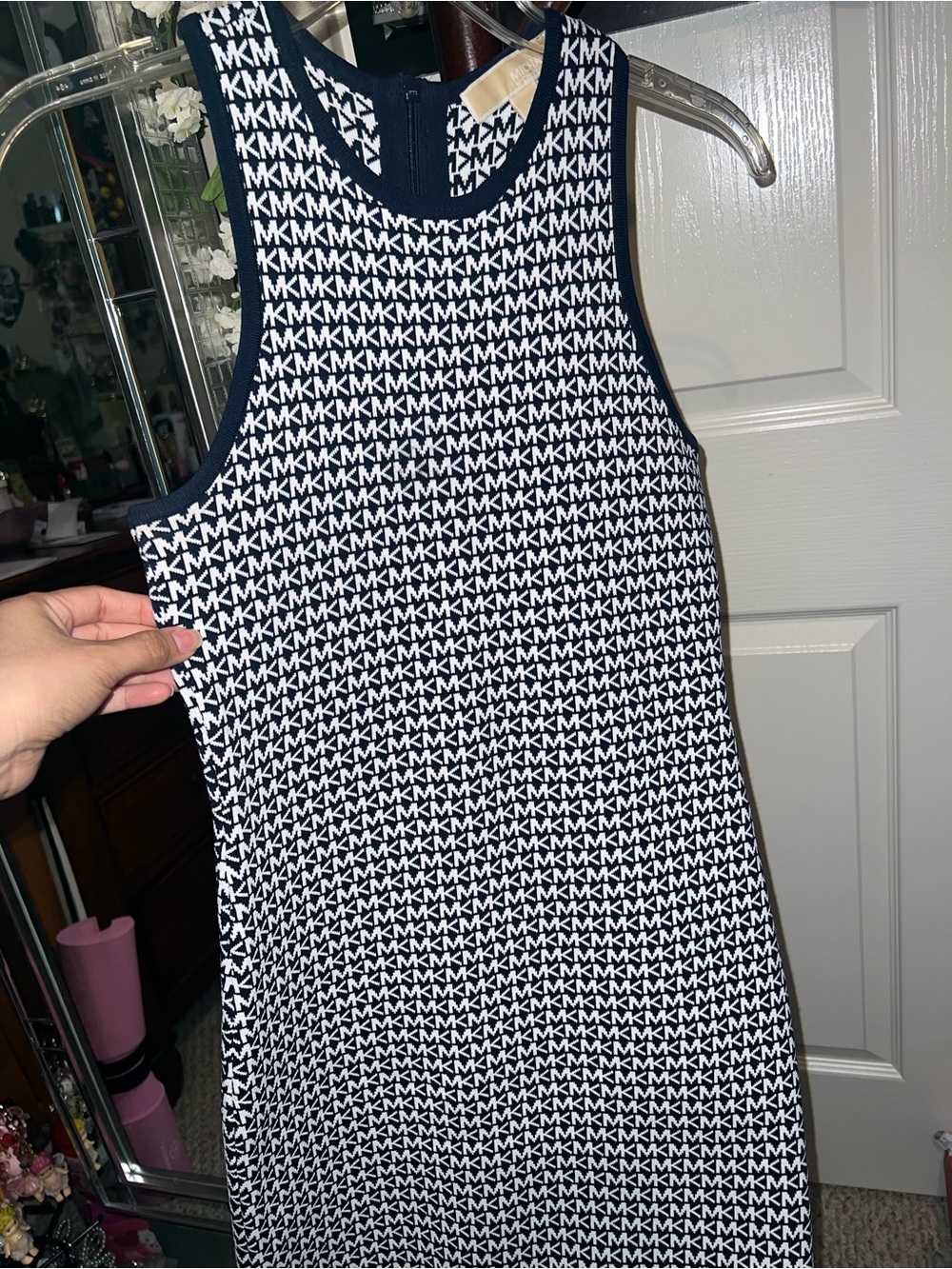 Michael Kors Monogram Bodycon Dress in White and Navy